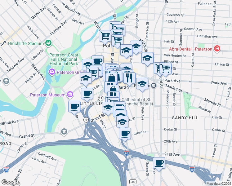 map of restaurants, bars, coffee shops, grocery stores, and more near 23 Lee Place in Paterson