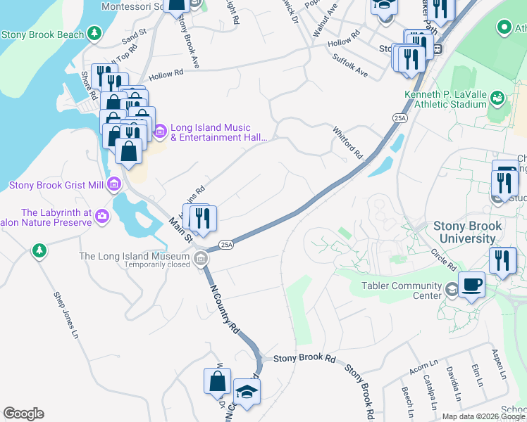map of restaurants, bars, coffee shops, grocery stores, and more near 16 Skyview Lane in Stony Brook