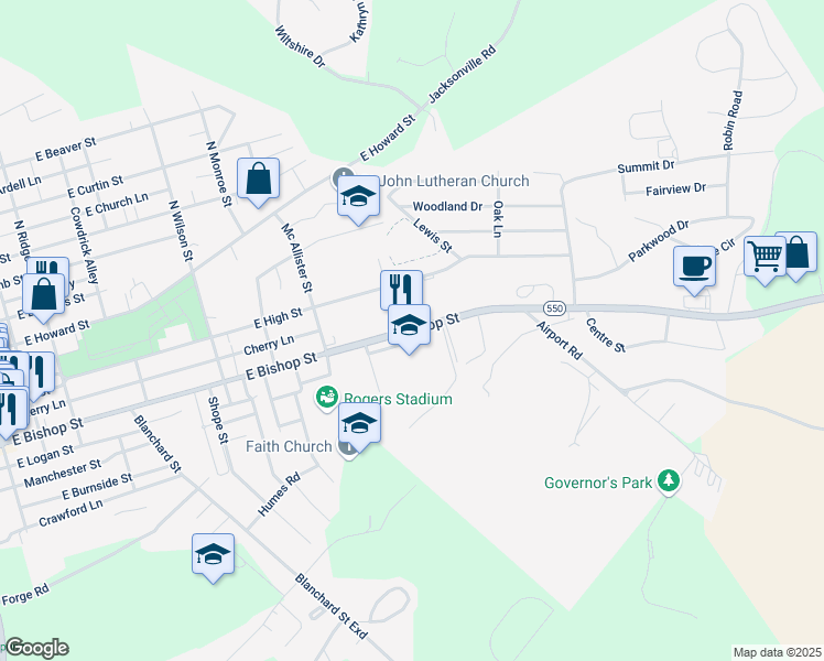 map of restaurants, bars, coffee shops, grocery stores, and more near 830 East Bishop Street in Bellefonte