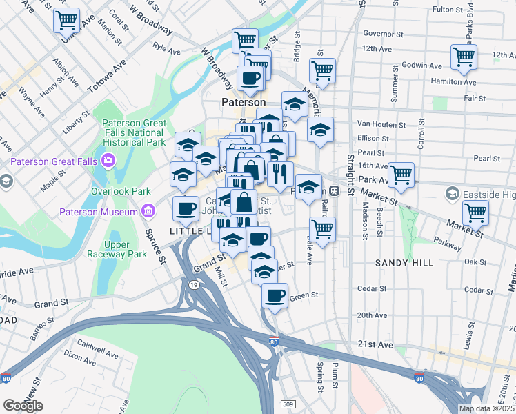 map of restaurants, bars, coffee shops, grocery stores, and more near 23 Lee Place in Paterson