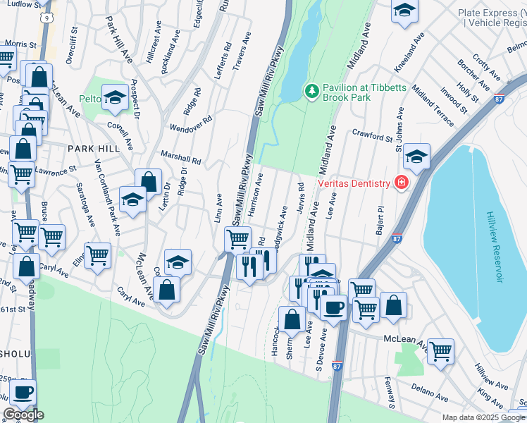 map of restaurants, bars, coffee shops, grocery stores, and more near 179 Tibbetts Road in Yonkers
