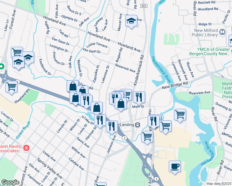 map of restaurants, bars, coffee shops, grocery stores, and more near 158 Oxford Terrace in River Edge