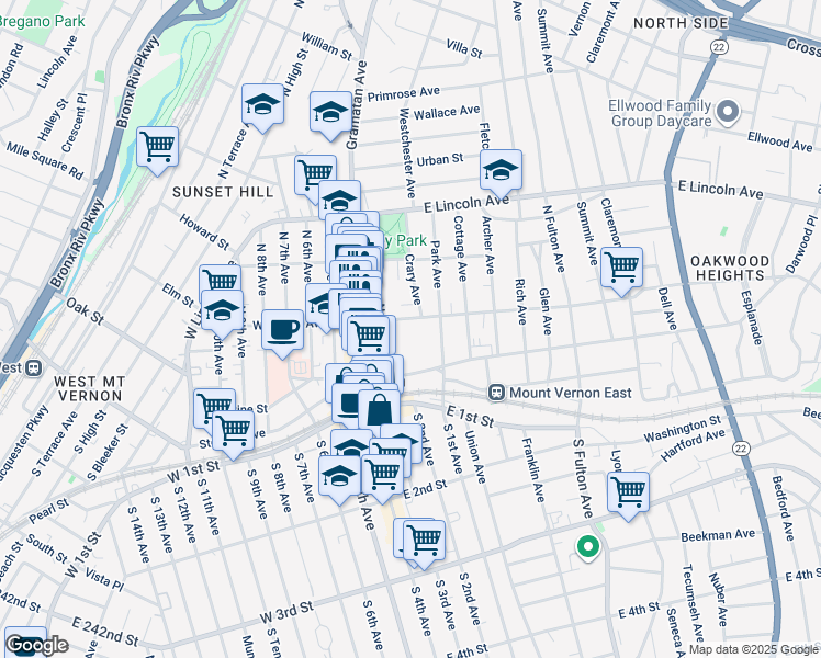 map of restaurants, bars, coffee shops, grocery stores, and more near 33 North 3rd Avenue in Mount Vernon