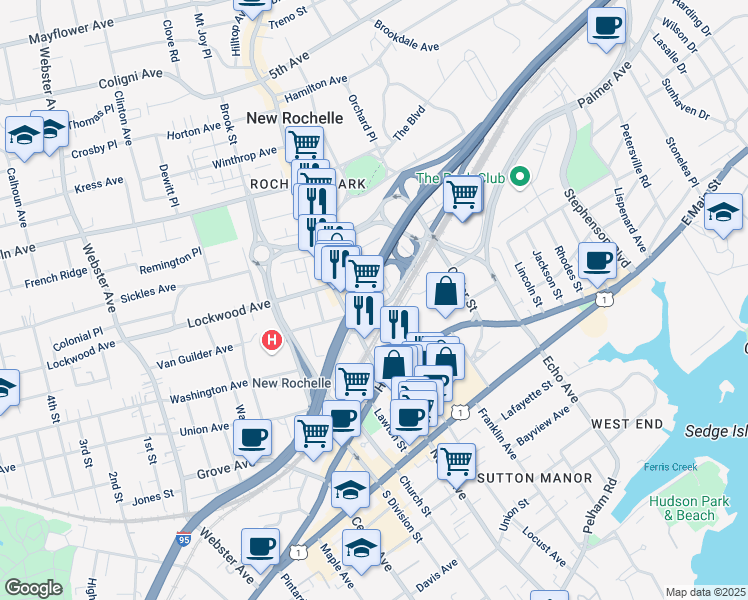 map of restaurants, bars, coffee shops, grocery stores, and more near 26 Garden Street in New Rochelle