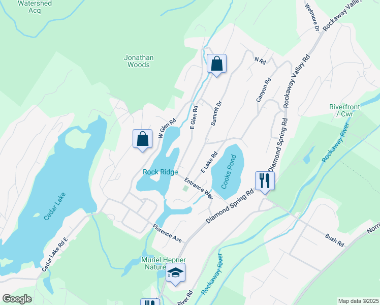 map of restaurants, bars, coffee shops, grocery stores, and more near 16 East Glen Road in Denville