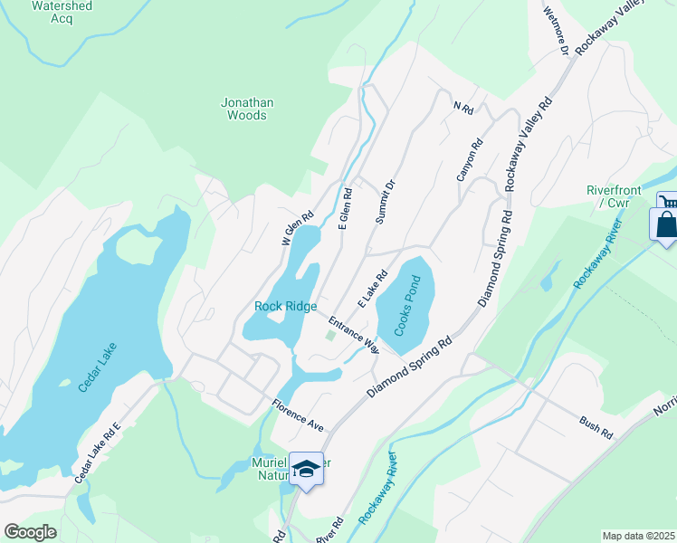 map of restaurants, bars, coffee shops, grocery stores, and more near 16 E Glen Rd in Denville