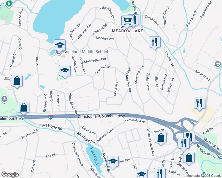 map of restaurants, bars, coffee shops, grocery stores, and more near 18 Roanoke Avenue in Rockaway