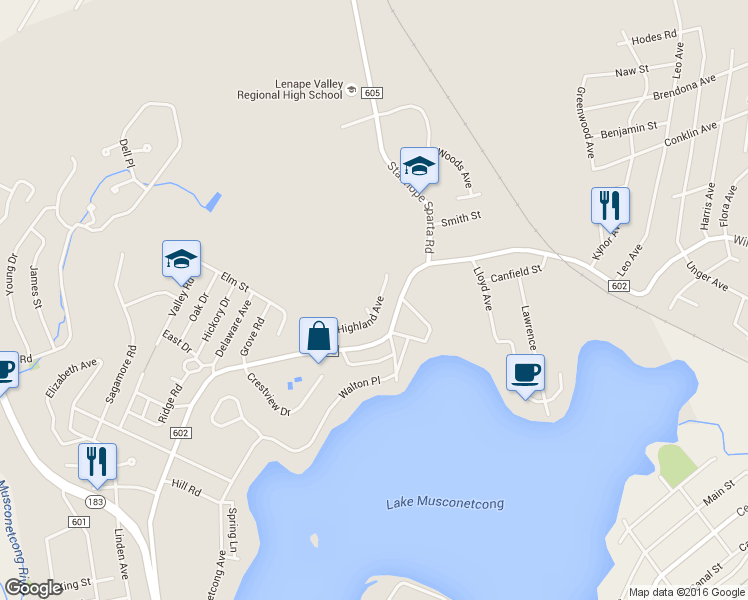 map of restaurants, bars, coffee shops, grocery stores, and more near 28 Highland Avenue in Stanhope