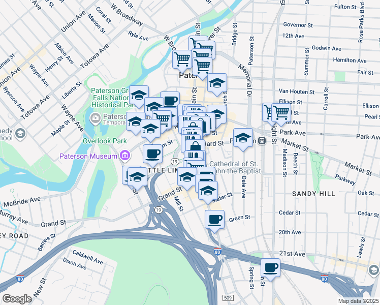 map of restaurants, bars, coffee shops, grocery stores, and more near 323 Main St in Paterson