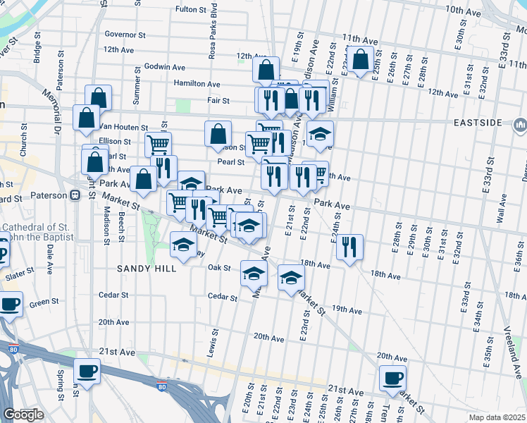 map of restaurants, bars, coffee shops, grocery stores, and more near 785 East 19th Street in Paterson
