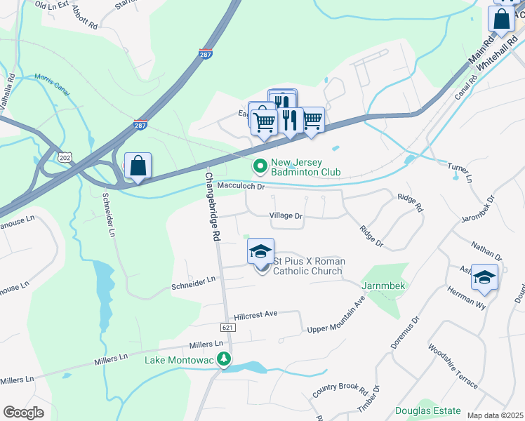 map of restaurants, bars, coffee shops, grocery stores, and more near 21 Village Drive in Montville