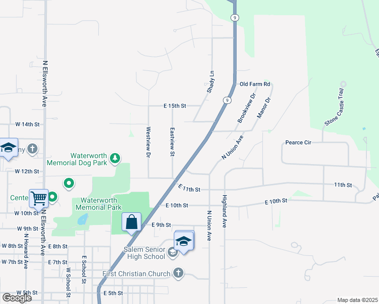map of restaurants, bars, coffee shops, grocery stores, and more near 1257 North Lincoln Avenue in Salem