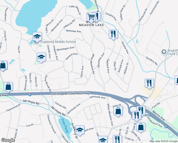 map of restaurants, bars, coffee shops, grocery stores, and more near 26 Navajo Way in Rockaway