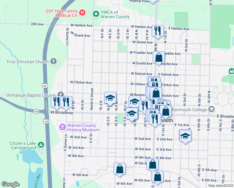 map of restaurants, bars, coffee shops, grocery stores, and more near 501 West Boston Avenue in Monmouth