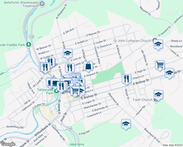 map of restaurants, bars, coffee shops, grocery stores, and more near 312 East Howard Street in Bellefonte
