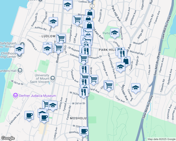 map of restaurants, bars, coffee shops, grocery stores, and more near 105 Bruce Avenue in Yonkers