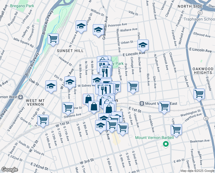 map of restaurants, bars, coffee shops, grocery stores, and more near 102 Gramatan Avenue in Mount Vernon