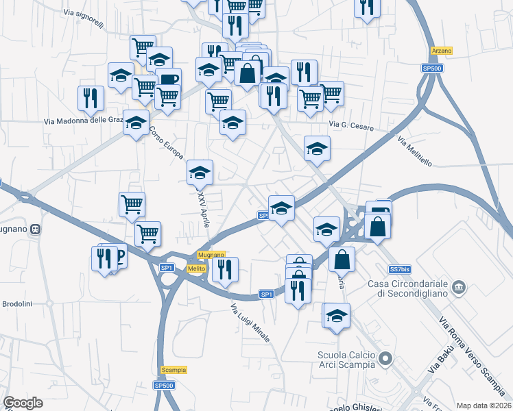 map of restaurants, bars, coffee shops, grocery stores, and more near 339 Corso Europa in Melito di Napoli