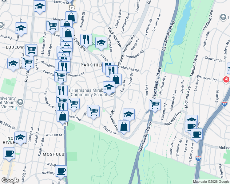 map of restaurants, bars, coffee shops, grocery stores, and more near McLean Ave & Pelton St in Yonkers
