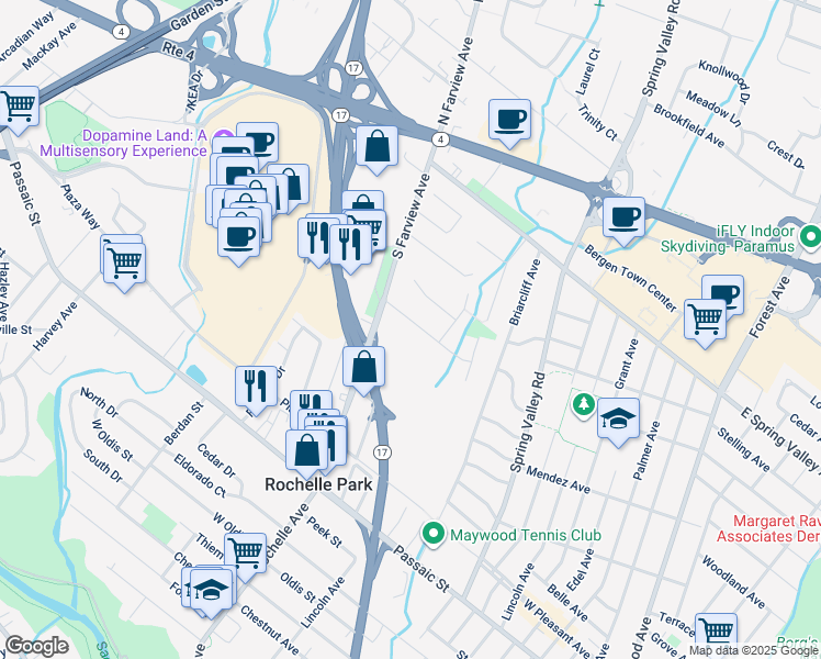 map of restaurants, bars, coffee shops, grocery stores, and more near 44 Ardale Road in Paramus