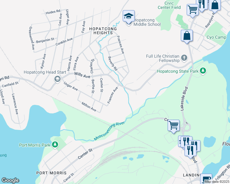 map of restaurants, bars, coffee shops, grocery stores, and more near 15 Frances Avenue in Stanhope