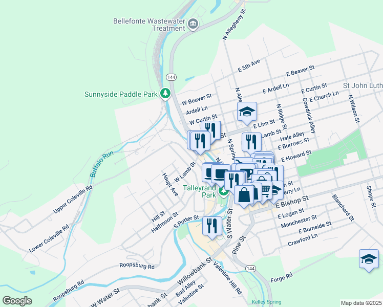 map of restaurants, bars, coffee shops, grocery stores, and more near 341 West Lamb Street in Bellefonte