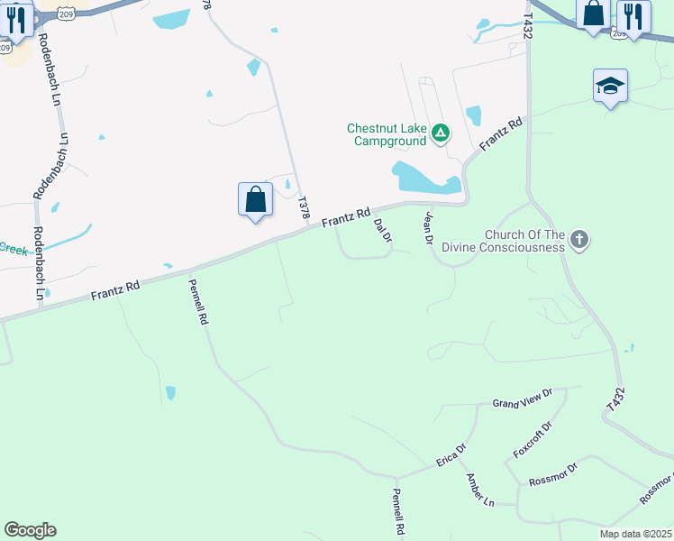 map of restaurants, bars, coffee shops, grocery stores, and more near Dal Drive in Brodheadsville