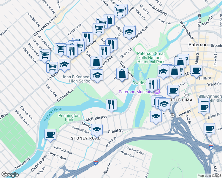 map of restaurants, bars, coffee shops, grocery stores, and more near 62 Preakness Avenue in Paterson