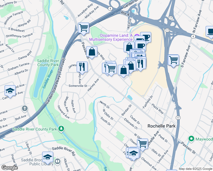 map of restaurants, bars, coffee shops, grocery stores, and more near 235 West Passaic Street in Rochelle Park