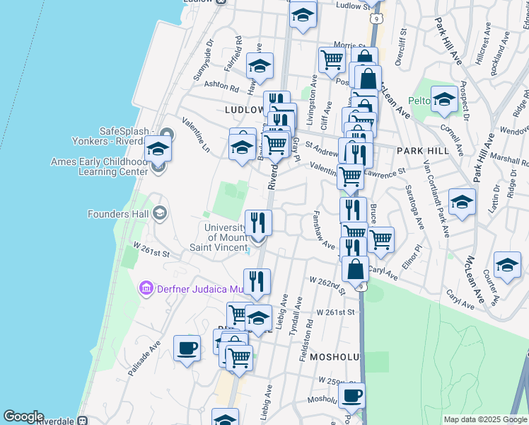 map of restaurants, bars, coffee shops, grocery stores, and more near 532 Riverdale Avenue in Yonkers