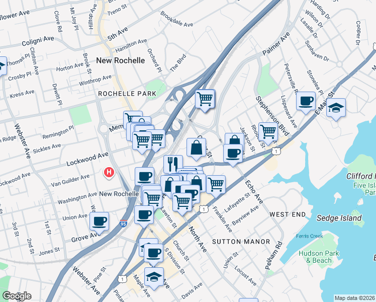 map of restaurants, bars, coffee shops, grocery stores, and more near 10 Commerce Drive in New Rochelle