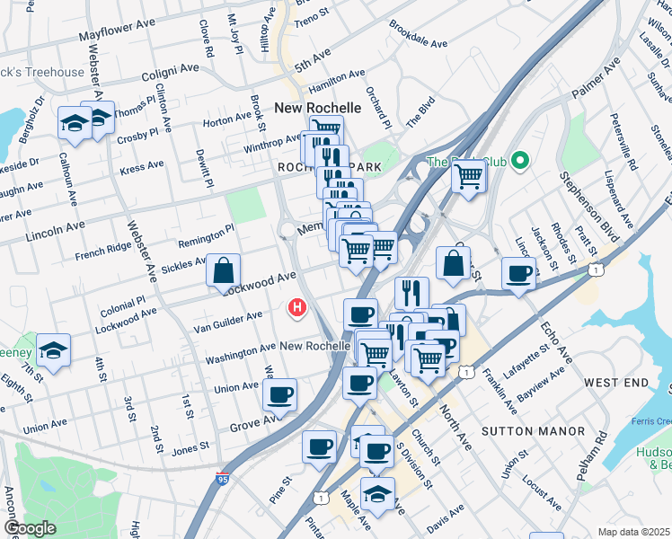 map of restaurants, bars, coffee shops, grocery stores, and more near 11 Burling Lane in New Rochelle