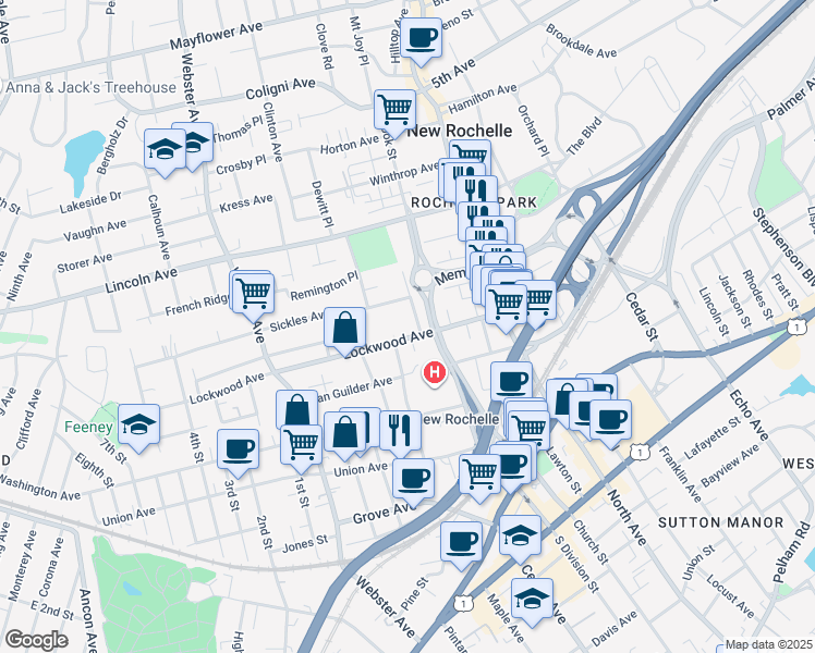 map of restaurants, bars, coffee shops, grocery stores, and more near 60 Guion Place in New Rochelle