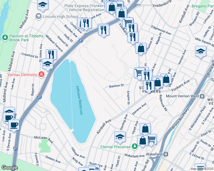 map of restaurants, bars, coffee shops, grocery stores, and more near 77 Bainton Street in Yonkers
