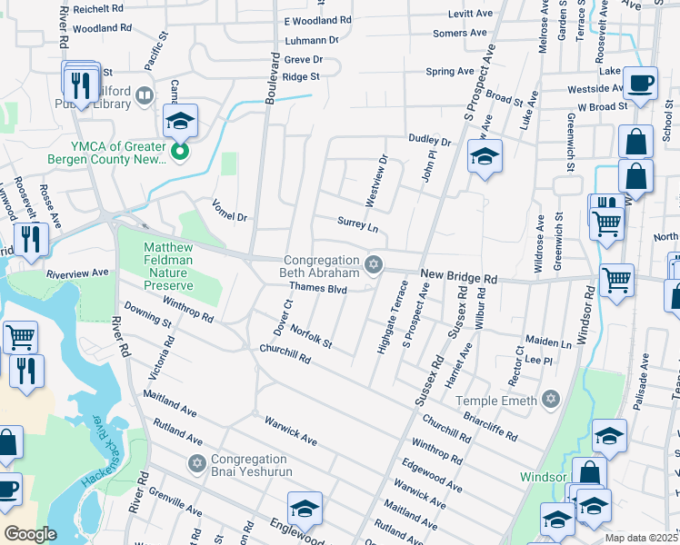 map of restaurants, bars, coffee shops, grocery stores, and more near 45 Thames Boulevard in Bergenfield