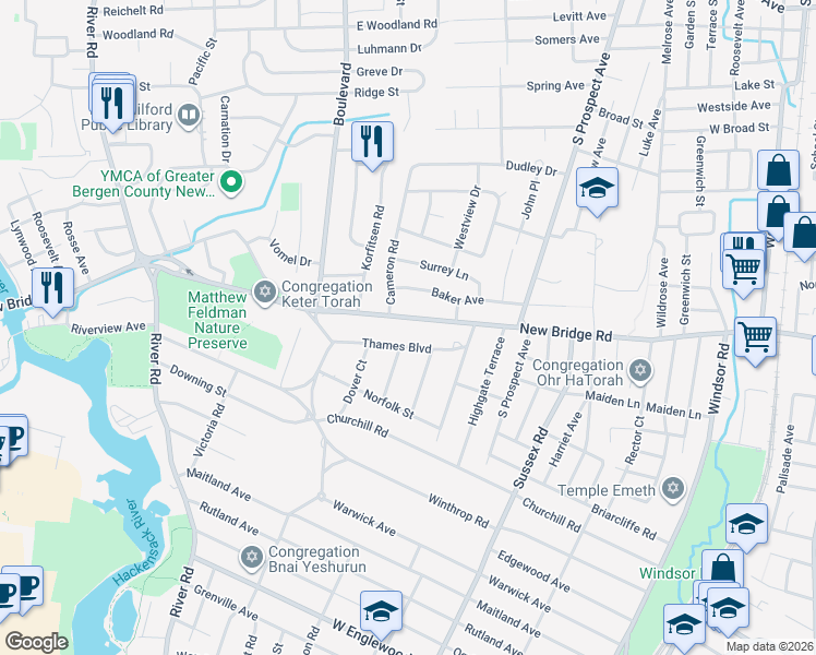 map of restaurants, bars, coffee shops, grocery stores, and more near 45 Thames Boulevard in Bergenfield