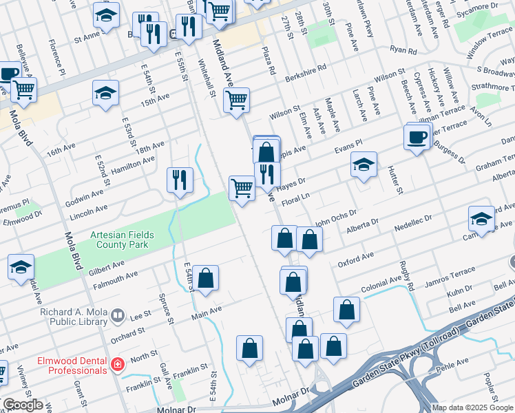 map of restaurants, bars, coffee shops, grocery stores, and more near 24 Rosol Lane in Saddle Brook