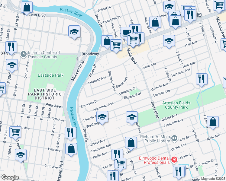 map of restaurants, bars, coffee shops, grocery stores, and more near 135 Elmwood Drive in Elmwood Park