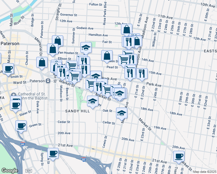 map of restaurants, bars, coffee shops, grocery stores, and more near 421 Rosa Parks Boulevard in Paterson