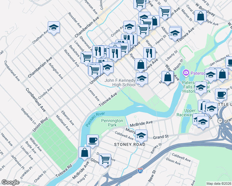map of restaurants, bars, coffee shops, grocery stores, and more near 183 Totowa Avenue in Paterson