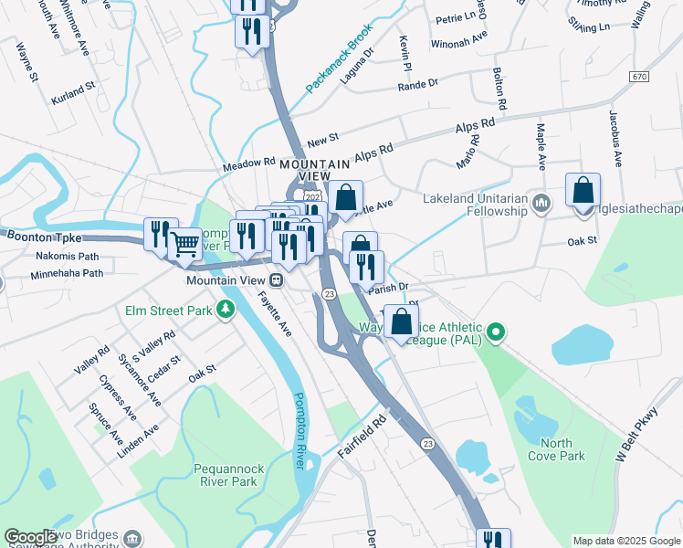 map of restaurants, bars, coffee shops, grocery stores, and more near 73 Mountainview Boulevard in Wayne