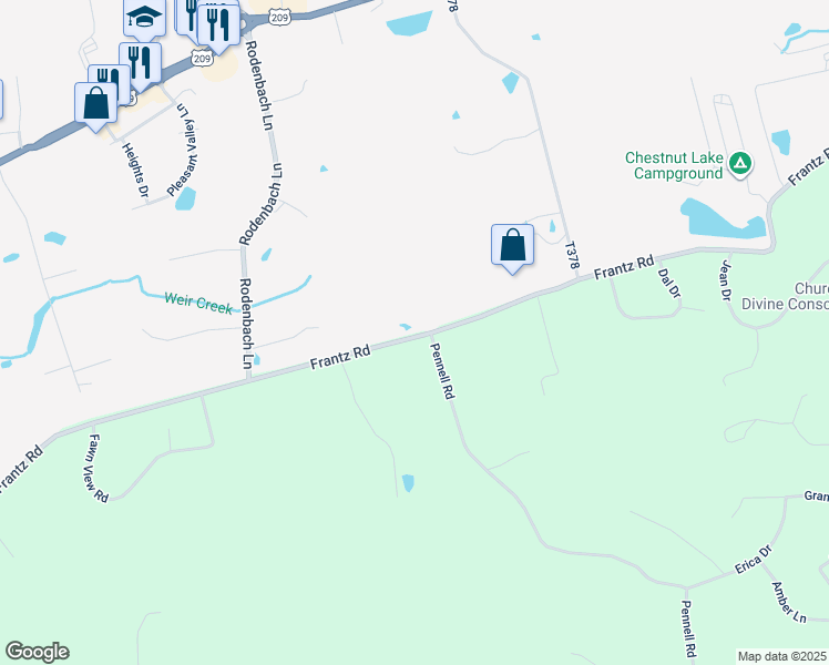 map of restaurants, bars, coffee shops, grocery stores, and more near 383 Frantz Road in Brodheadsville