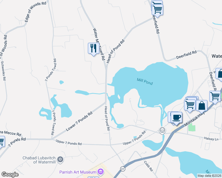 map of restaurants, bars, coffee shops, grocery stores, and more near 335 Head of Pond Road in Water Mill
