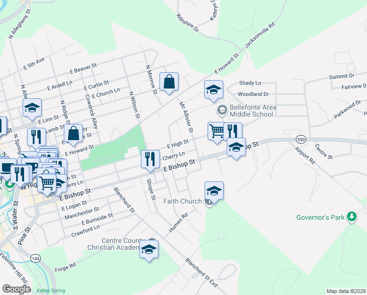 map of restaurants, bars, coffee shops, grocery stores, and more near 701-741 Cherry Lane in Bellefonte