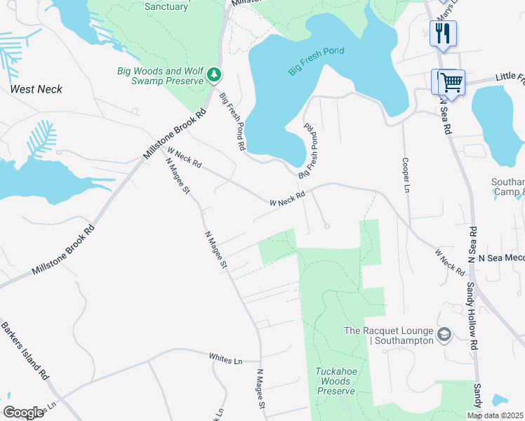 map of restaurants, bars, coffee shops, grocery stores, and more near 160 West Neck Road in Southampton