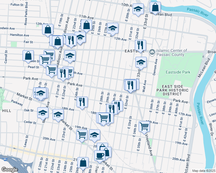 map of restaurants, bars, coffee shops, grocery stores, and more near 433 Park Avenue in Paterson