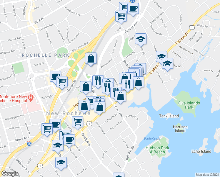 map of restaurants, bars, coffee shops, grocery stores, and more near 20 Lincoln Street in New Rochelle