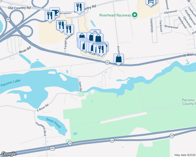 map of restaurants, bars, coffee shops, grocery stores, and more near 83 Forge Road in Riverhead