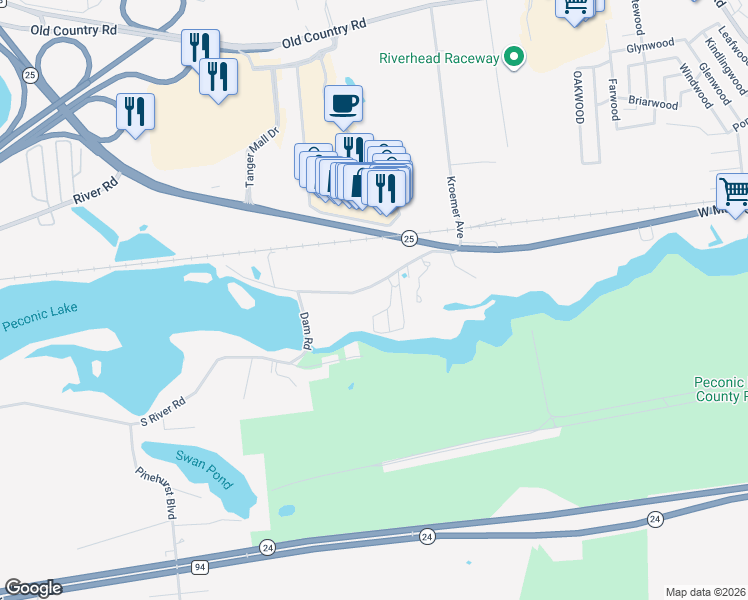 map of restaurants, bars, coffee shops, grocery stores, and more near 83 Forge Road in Riverhead