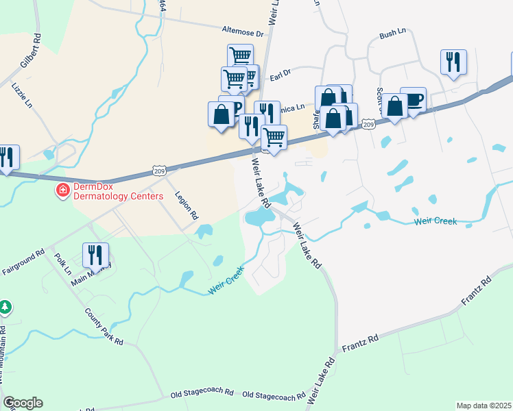 map of restaurants, bars, coffee shops, grocery stores, and more near 106 Birch Street in Kunkletown